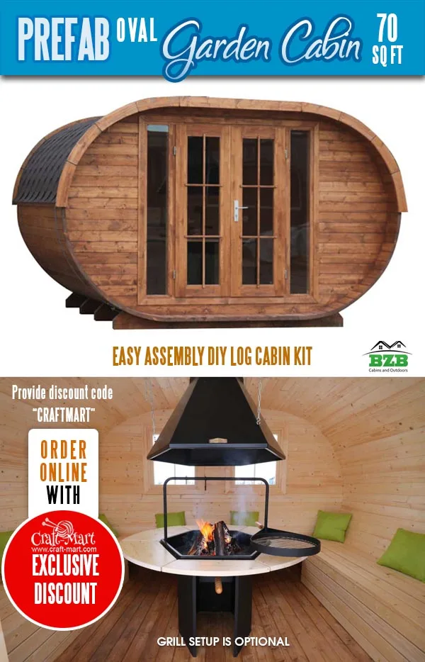Oval Garden Cabin Kit with a grill