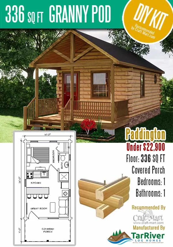 336 sq ft log cabin pod under $23,000