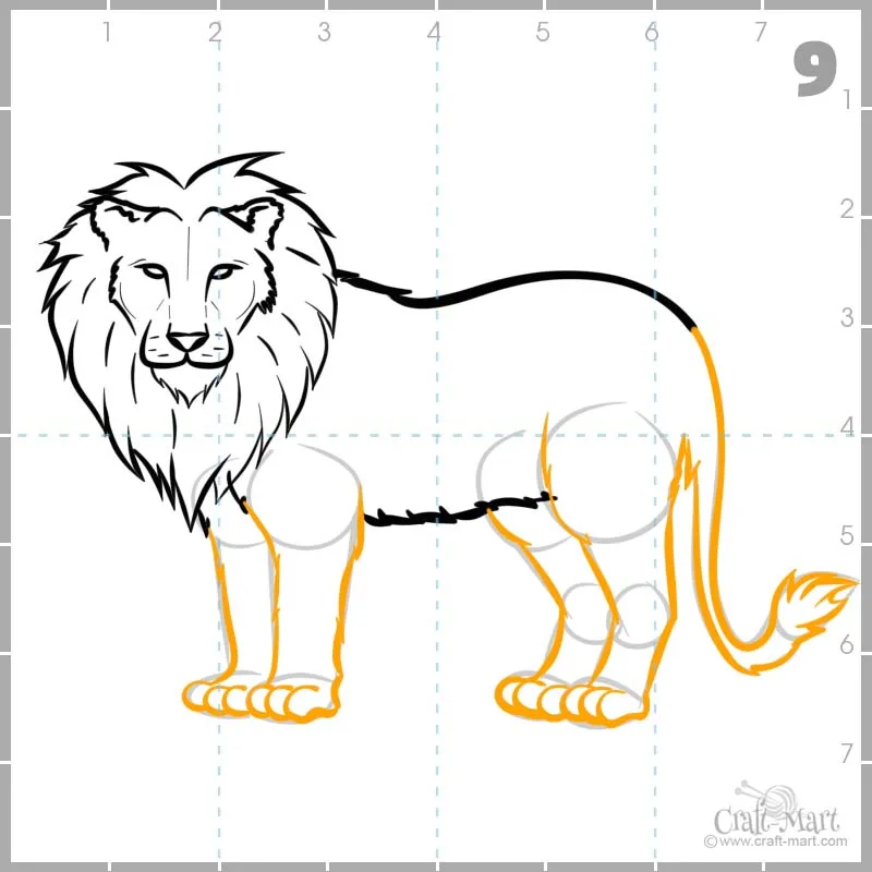 Adding hair to the tail and detailing the paws on our lion's drawing
