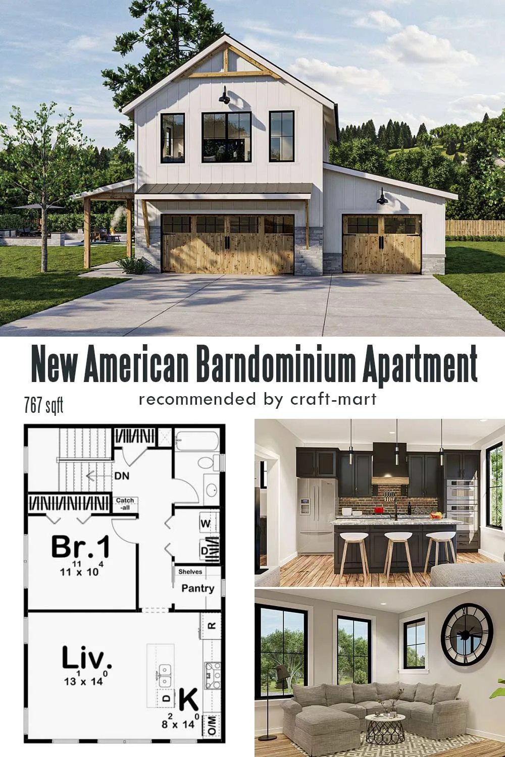 Modern Garage Apartment Plan with Barndominium Styling