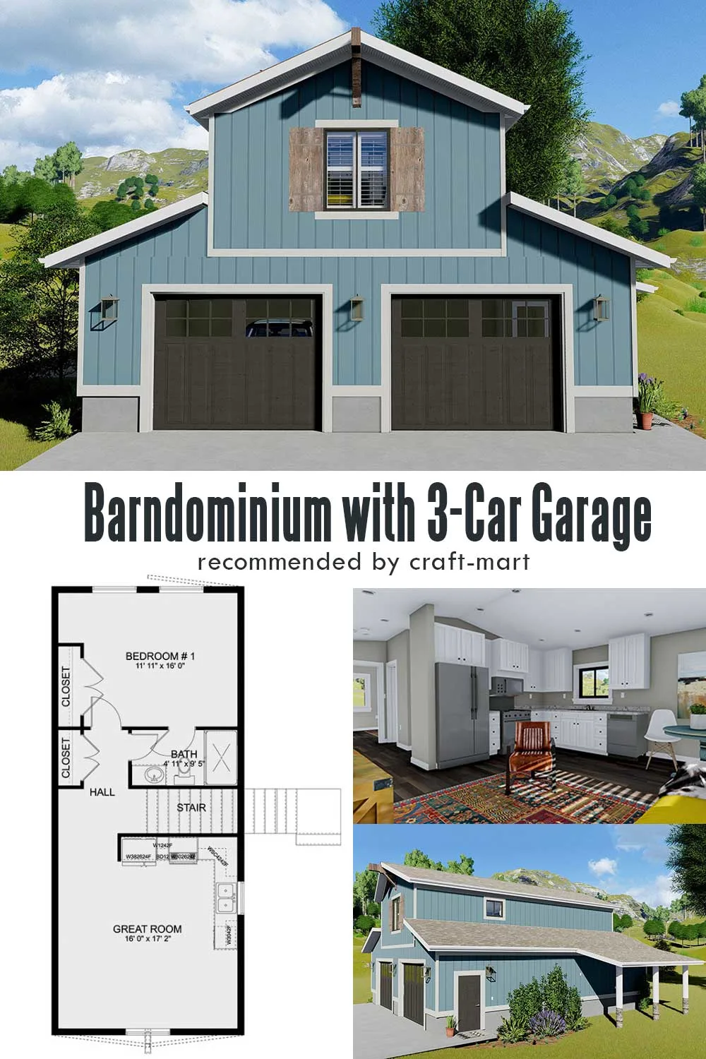 1-Bedroom Barndominium with 3-Car Garage on Ground Level