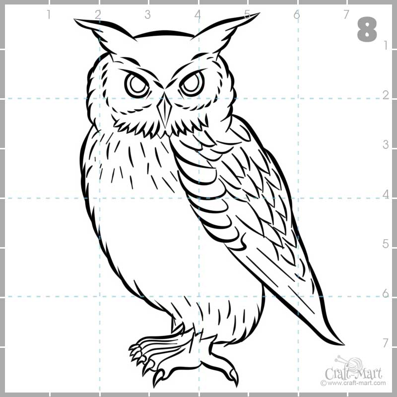 finished line drawing of an owl