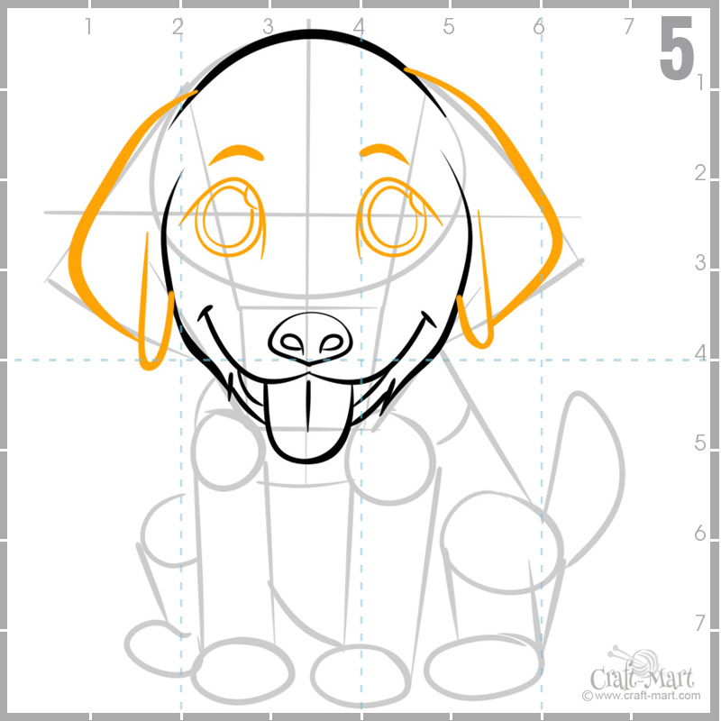 step 5 - draw puppy's ears and eyes