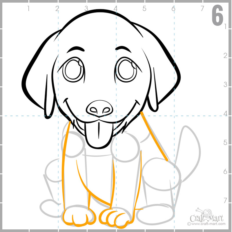 step 6 - draw puppy's front paws and body