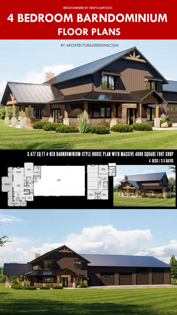 4-Bed Barndominium House Plan with Large Shop