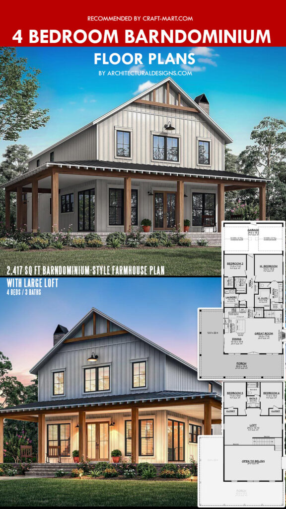 4-Bedroom Two-Story Barndominium-Style Farmhouse Plan with Large Loft