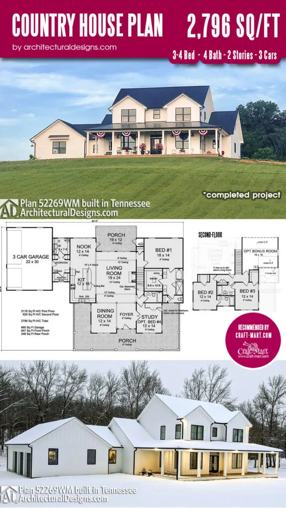 Expanded Farmhouse Plan with 3 or 4 Beds