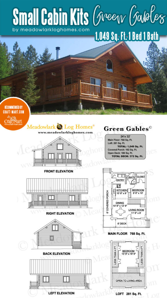 The Green Gables is a popular and classic model from Meadowlark. It has a cozy and efficient design for a small log home, with one bedroom on the ground floor and another in the loft.