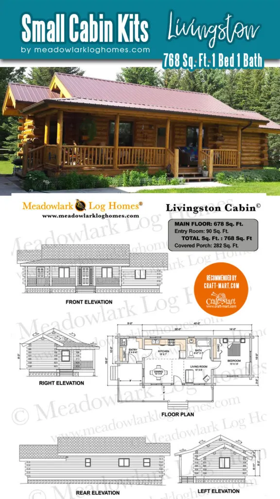 The Livingston Cabin, with its single-level layout, offers a 768-square-foot floor plan. It includes a convenient 9x8 bump-out, ideal for use as an entryway or mudroom, providing an additional entrance to the front.