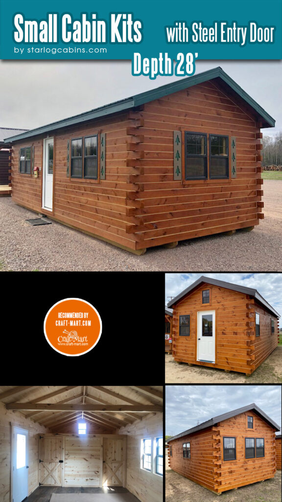 This cabin is equipped with a sturdy metal roof, and a beautifully finished knotty pine interior. It also features vaulted ceilings, pre-drilled electric holes in the exterior walls, windows, a steel entry door with a window, and a rustic screen door.