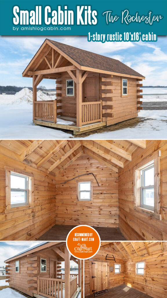 This highly affordable log cabin model is 1-story, rustic 10' x 16' cabin with front porch. It's perfect for a small hunting or retreat cabin.