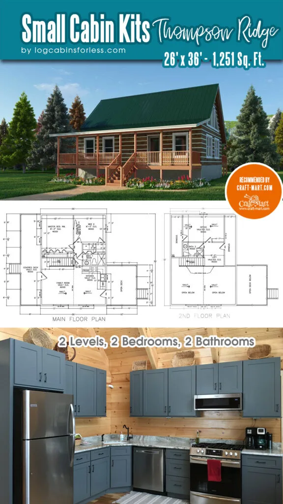 Thompson Ridge Cabin is 2 Level, 2 Bedroom, 2 Bath, 36′ long x 26′ wide with Total Living area of 1,251 sq ft. It's perfect for a couple or a family of three or even four to live all year long.
