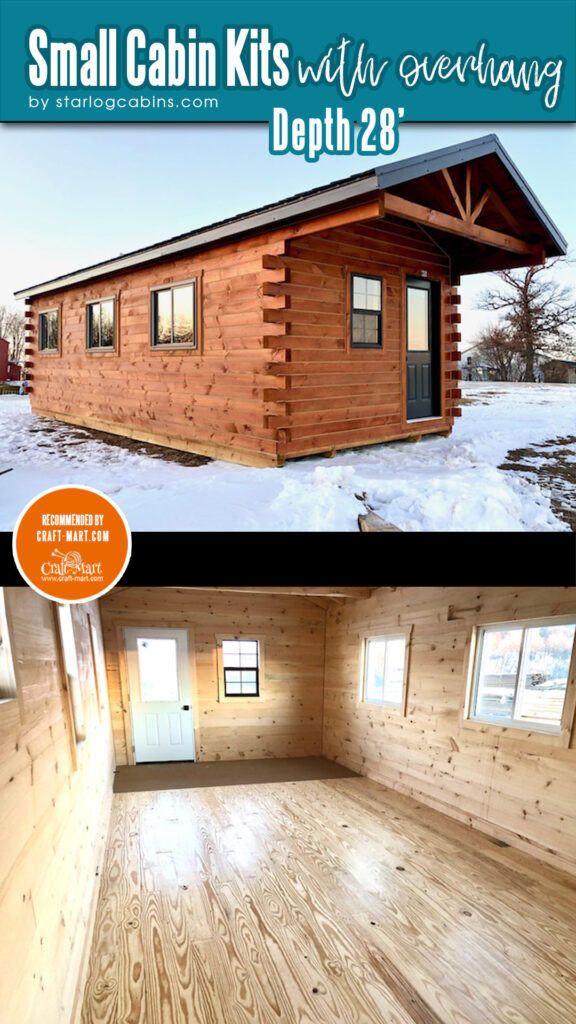 This charming 28ft-long cabin boasts a range of features, including covered porch, areas for a private bedroom, bathroom, kitchenette, and dining and living rooms. The price includes built-in bunk beds and a kitchen table.