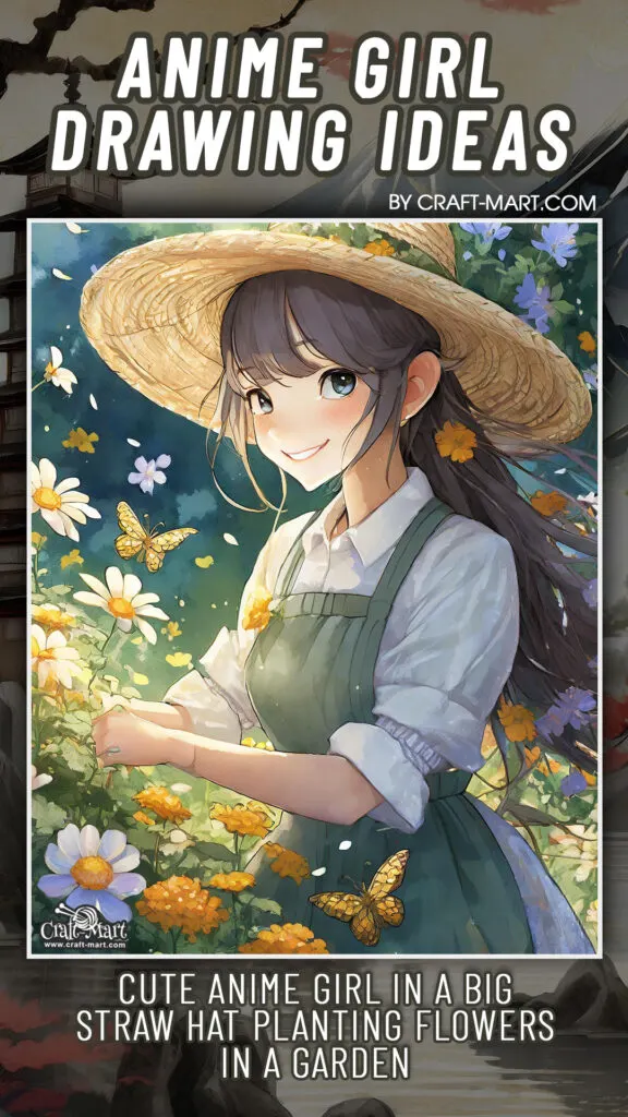 Girl in a big straw hat in a flower garden