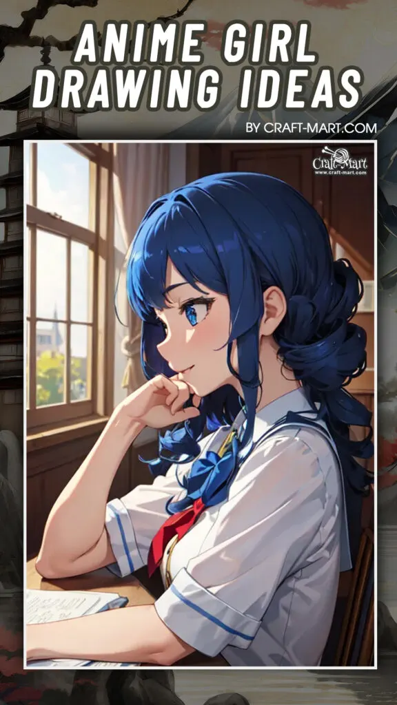 Anime girl drawing with blue hair by a window