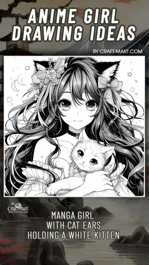 Manga drawing of a girl with cat ears holding a white kitten