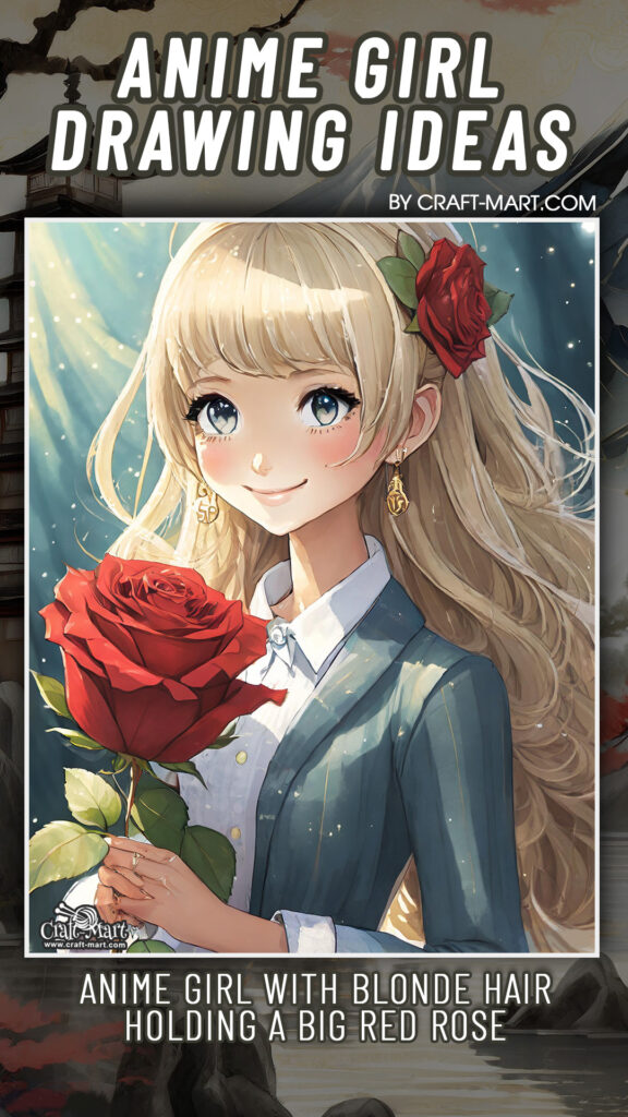 Anime girl drawing with a red rose