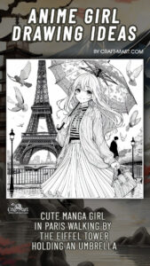 Anime girl drawing with an umbrella in front of Eiffel tower in Paris