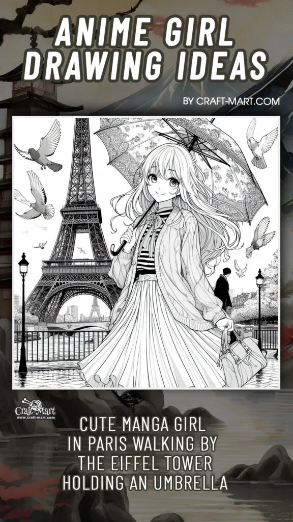 Anime girl drawing with an umbrella in front of Eiffel tower in Paris