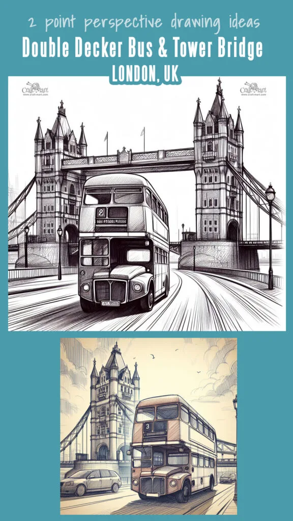 Perspective Drawing of London's double-decker bus and The Tower Bridge
