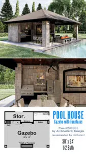 Open Pool House Gazebo with Outdoor Fireplace and Fountains