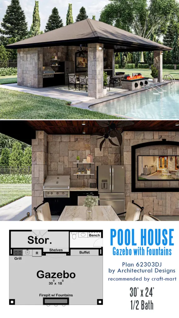 Open Pool House Gazebo with Outdoor Fireplace and Fountains