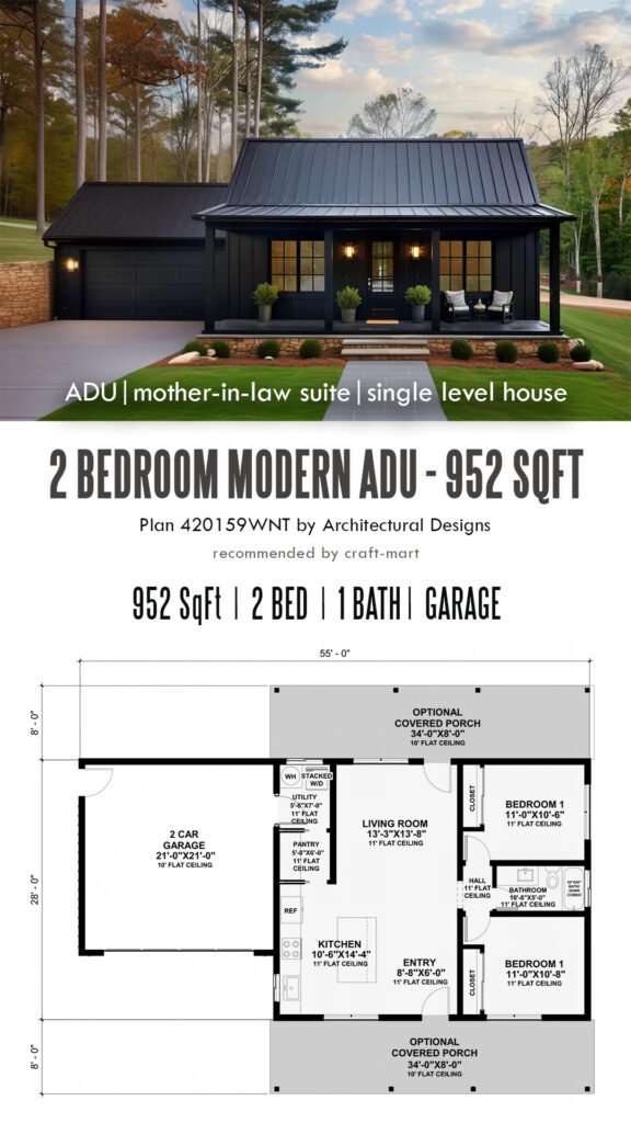 952 sq. ft. Modern ADU with Garage (or Shop)