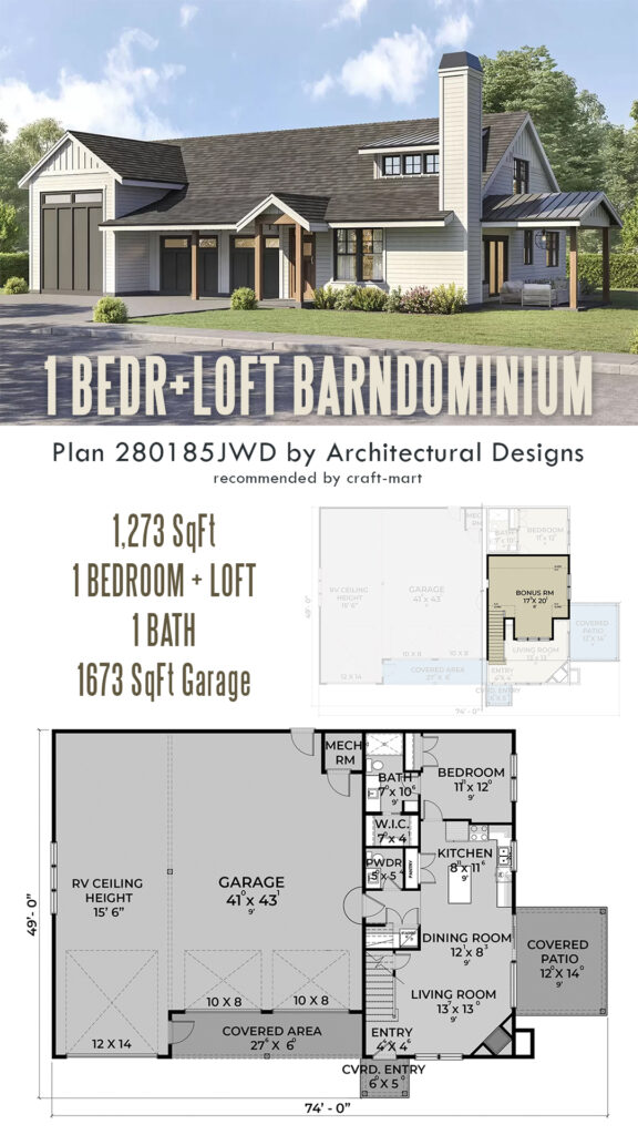 1 bedroom+loft barndominium house plan