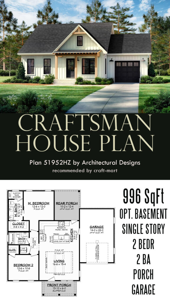 2-Bed Country Craftsman Cottage House Plan Under 1000 Sq Ft