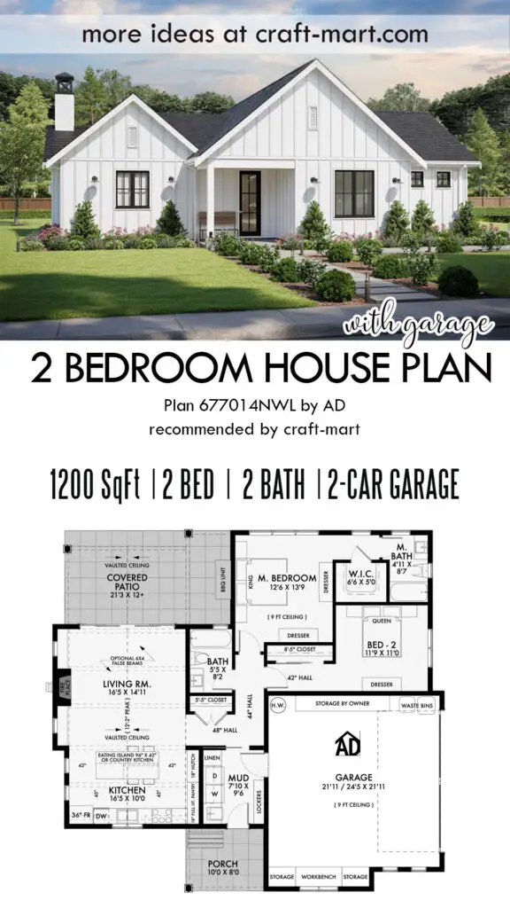 2-bedroom farmhouse with 2-car garage