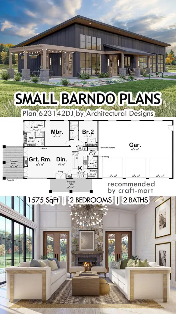 2 Bed Barndominium House Plan with Covered Patio