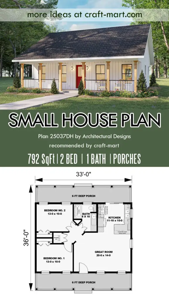 small house plan with 2 porches