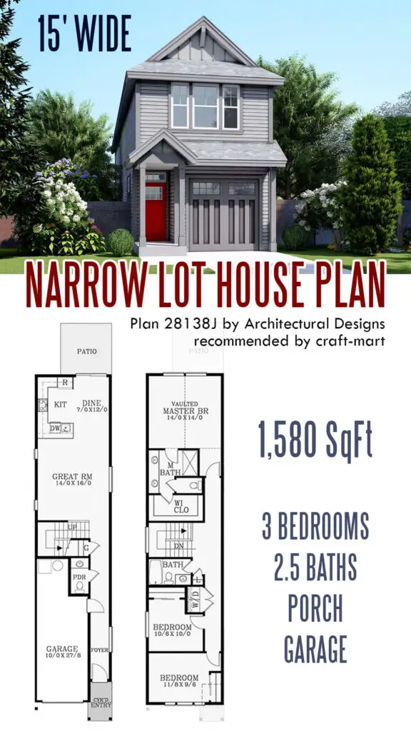 15' Wide 3-Bed Plan for a Narrow Lot