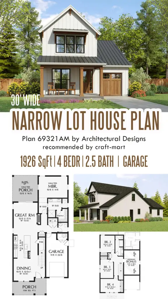 30'-Wide Modern Farmhouse Narrow Lot Plan