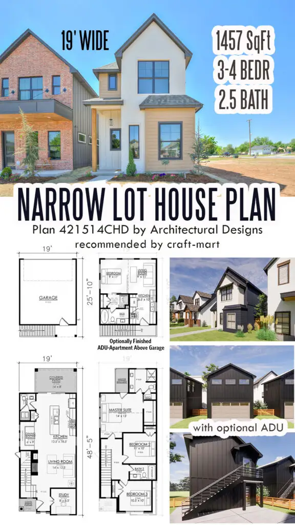 Narrow Lot House Plan with ADU over Garage