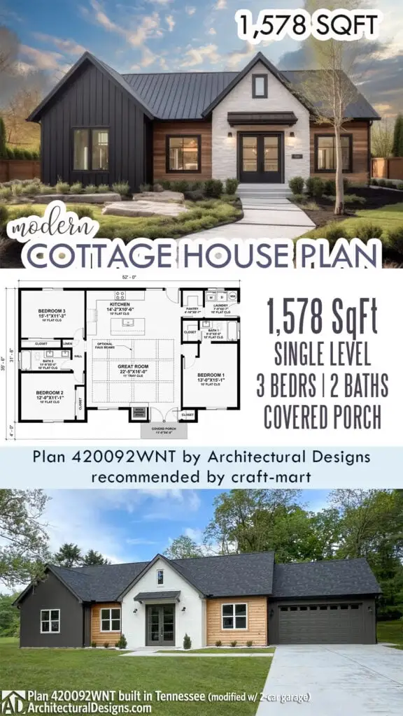 Contemporary Cottage House Plan (1,578 SqFt)