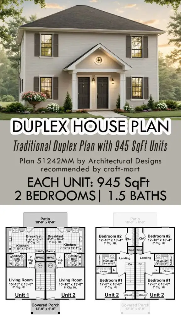 Traditional Duplex House Plan with 945 SqFt Units