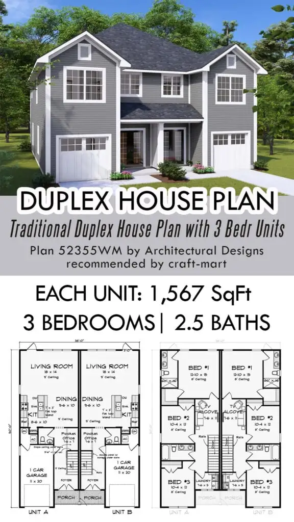 Traditional Duplex House Plan with 3 Bedr Units