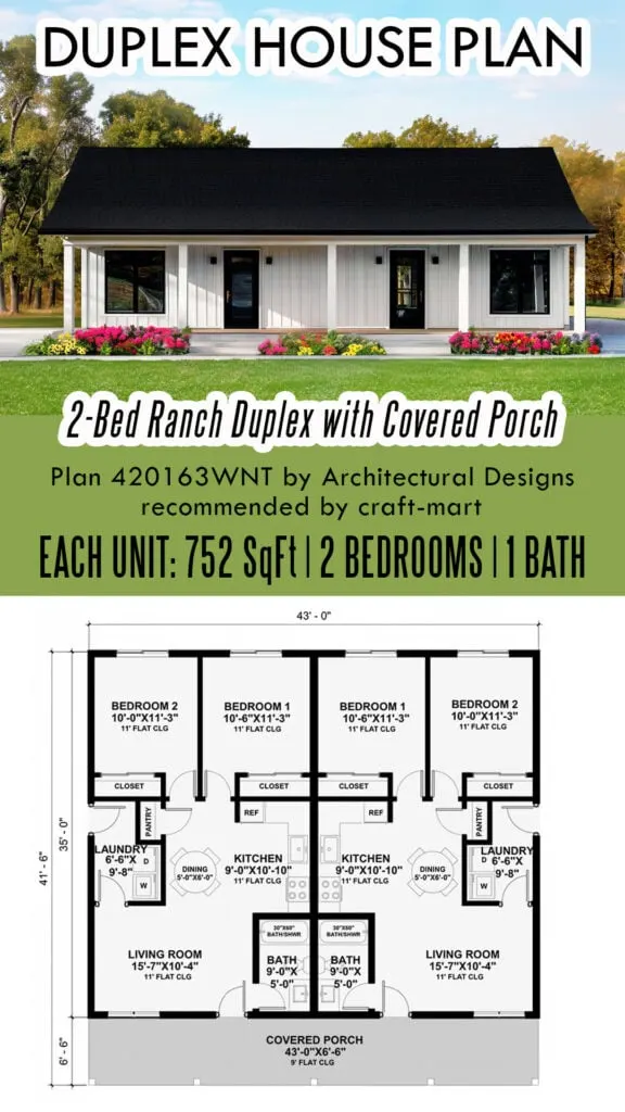 2-Bedroom Ranch Duplex with a Covered Porch