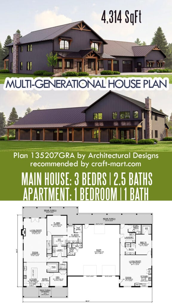 Multi-generational Barndo style house plan with garage/shop