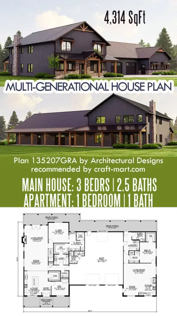Multi-Generational Barndo-Style House Plan with Garage/Shop