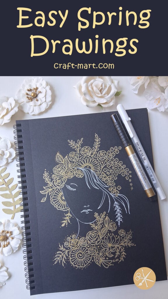 Spring Portrait on Black Paper (White & Gold Ink)