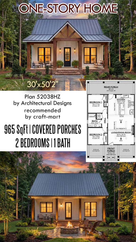 One-Story Cottage with Front & Rear Porches (965 sqft)