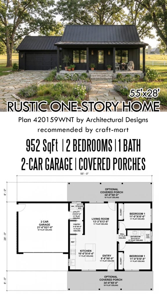 One-Story Rustic Country House Plan (952 sqft)