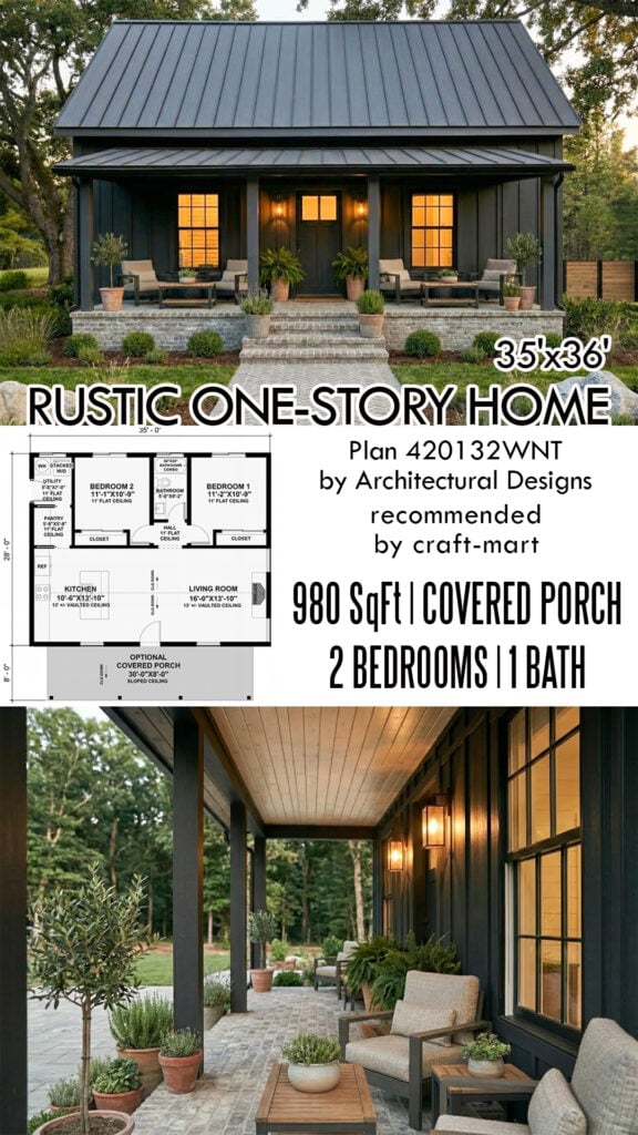 1-Story Rustic Country Cottage (980 sqft)