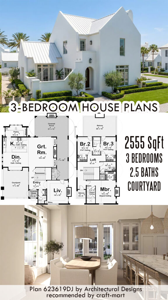 Coastal 3-Bedroom Plan with Courtyard (2,555 sqft)