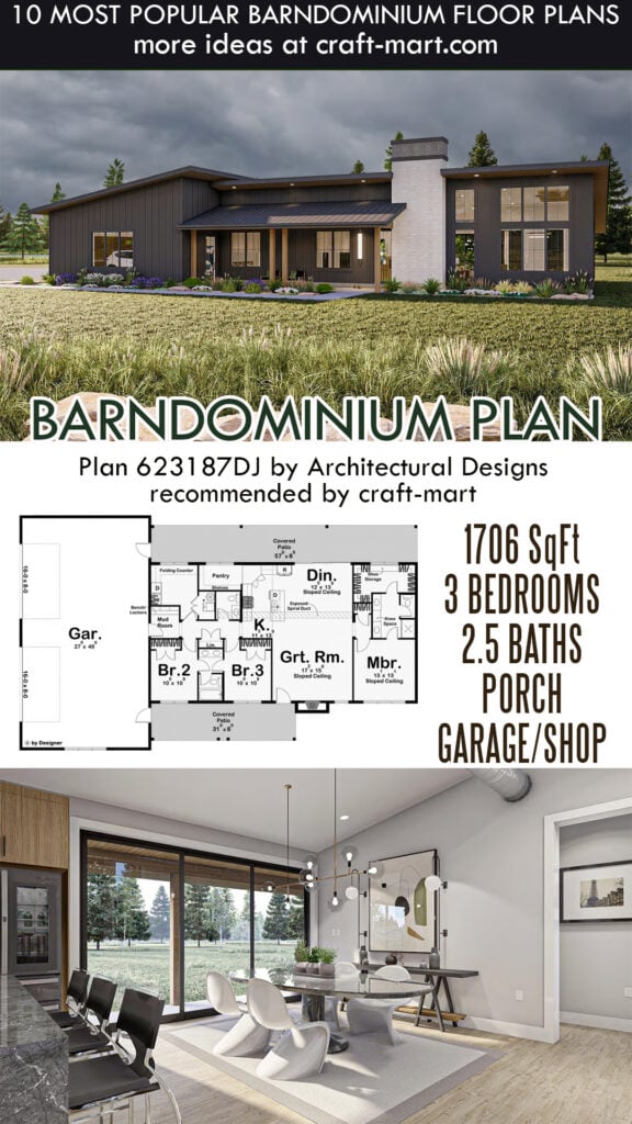 Modern 3-Bedr Barndominium Plan (1,700 Sq Ft)