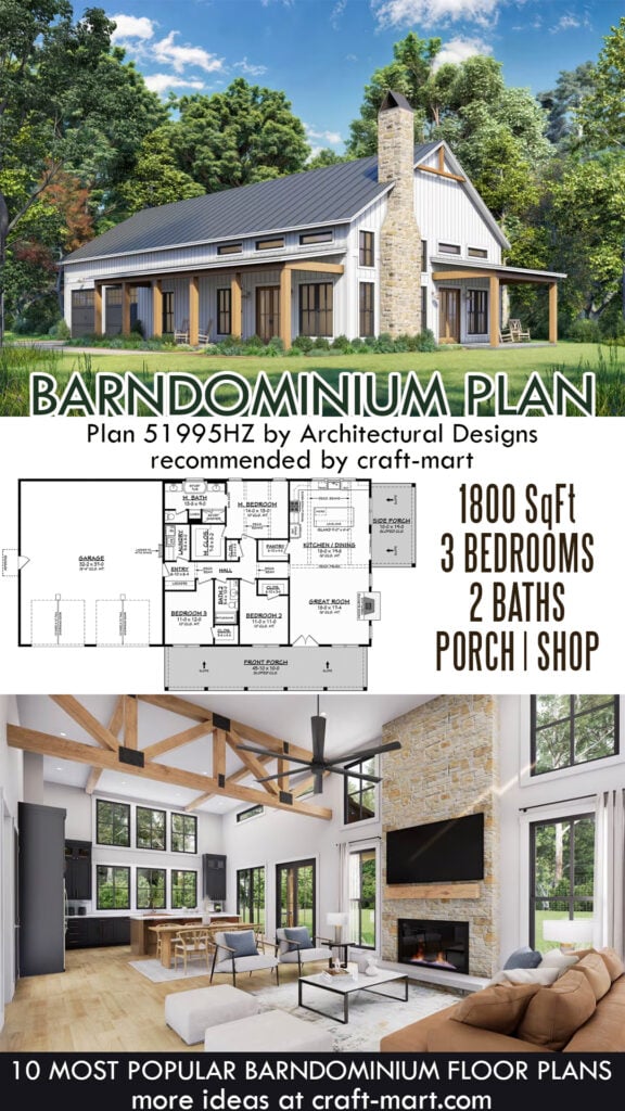 3-Bedroom Barndominium Plan (1,800 sq ft)