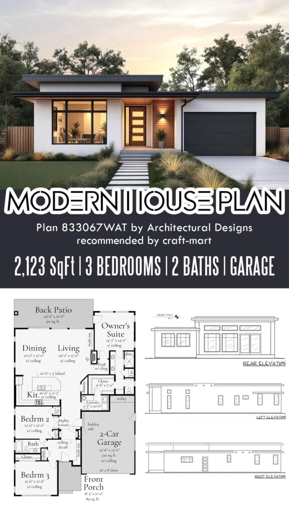 3-Bed Mid-Century Modern House Plan with Hidden Safe Area