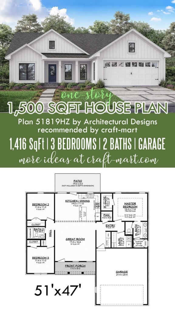 3-Bedroom One-Story House Plan - 1,416 Sq Ft